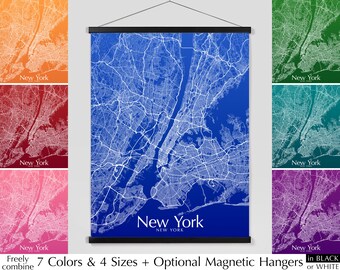 Affiche imprimée carte de la ville de New York, art minimaliste de la carte de New York NYC NY, 7 couleurs 4 tailles bleu vert sarcelle violet rouge orange rose version foncé