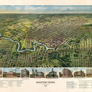Houston Karte 1891, Vintage Karte von Houston, TX in hoher Auflösung druckt bis zu 36x24"(91x61cm) großes Houston Poster, Houston aus der Vogelperspektive
