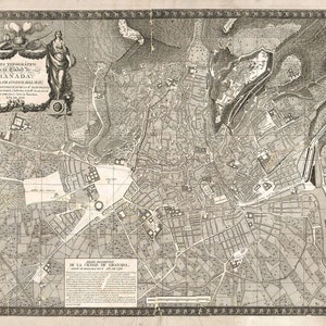 Carte de Grenade de 1796, carte vintage de Grenade, Espagne en haute résolution, affiche jusqu'à 36 x 24 po. (91 x 61 cm) Grenade, Andalousie, Alhambra