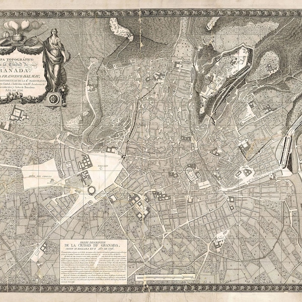 Granada map 1796, Vintage map of Granada, Spain in high resolution prints up to 36x24" (91x61cm) large Granada poster, Andalusia, Alhambra