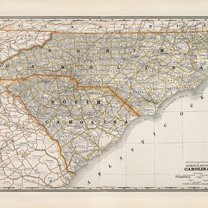 ノースカロライナ州とサウスカロライナ州の地図 1891 年、ノースカロライナ州とサウスカロライナ州の XL 古地図、最大 36 x 24 インチ (91 x 61 cm) の高解像度プリント