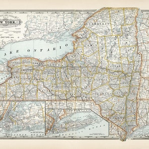Kaart van de staat New York 1891, vintage kaart van de staat New York in afdrukken met hoge resolutie tot 36 x 24" (91 x 61 cm) oude poster met kaartafdruk van de staat New York