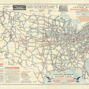 Amerikaanse kaart 1915, vintage wegenkaart van de Verenigde Staten in hoge resolutieafdrukken tot 36 x 24" (91 x 61 cm) grote kaartposter met Amerikaans snelwegsysteem
