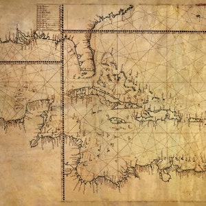 Carte des Caraïbes de 1770, ancienne carte marine des Caraïbes et des Antilles en impression haute résolution, affiche de carte de pirate jusqu'à 36 x 24 po. (91 x 61 cm)