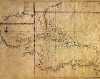 Caribbean map 1770, Old nautical chart of the Caribbean & West Indies in high resolution prints up to 60x40" (150x100cm) pirate map poster