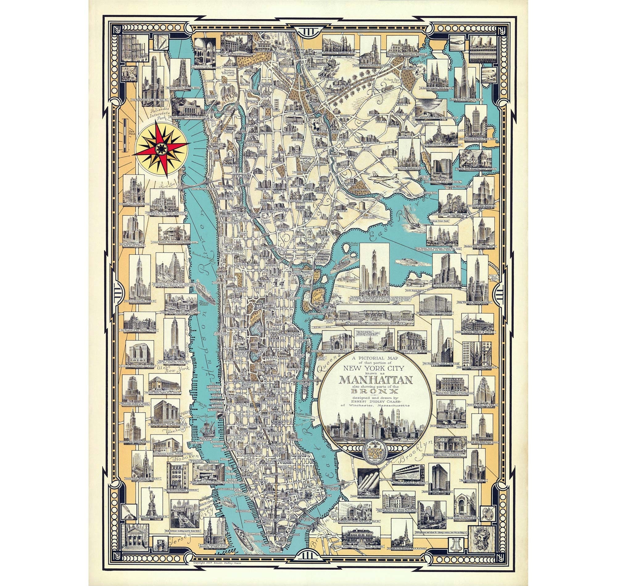 マンハッタンの地図（ニューヨーク市）7サイズ（40x53インチ、100 x