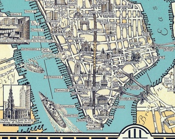 ヴィンテージ ニューヨーク マンハッタン レストラン地図 ポスター Map of Manhattan NYC in 7 Sizes up to 40x53″ (100x135cm) Old