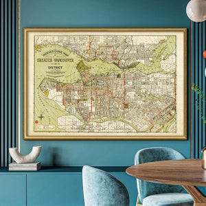 Carte de Vancouver en 5 tailles jusqu'à 60 x 40 pouces, carte vintage de Vancouver, Colombie-Britannique, Canada 1924 en impressions haute résolution de qualité galerie, Grand Vancouver
