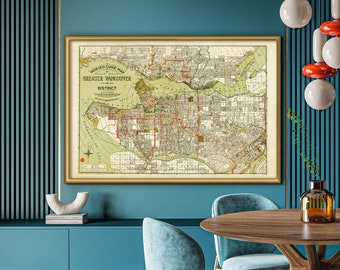 Vancouver map in 5 sizes up to 60x40″ Vintage map of Vancouver BC, Canada 1924 in high resolution gallery quality prints, Greater Vancouver