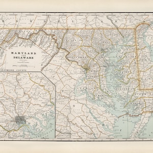 Maryland & Delaware state map 1891, Old map of Delaware and Maryland in high resolution prints up to 36 x 24&quot; (91 x 61cm) vintage MD DE map