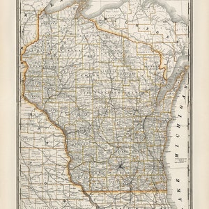Wisconsin state map 1891, Old map of Wisconsin in high resolution prints up to 24 x 36&quot; (61 x 91cm) vintage Wisconsin map poster, WI map