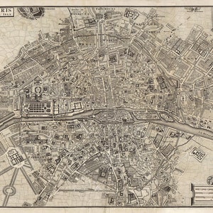 Mapa de París 1687, mapa antiguo de París, Francia, en impresiones de alta resolución de hasta 36 x 24" (91 x 61 cm), póster de París, impresión de mapa de París, mapa de pared
