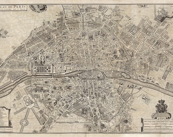 Paris map 1687, Vintage map of Paris, France in high resolution prints up to 36x24&quot; (91x61cm) large Paris poster, Paris map print, wall map
