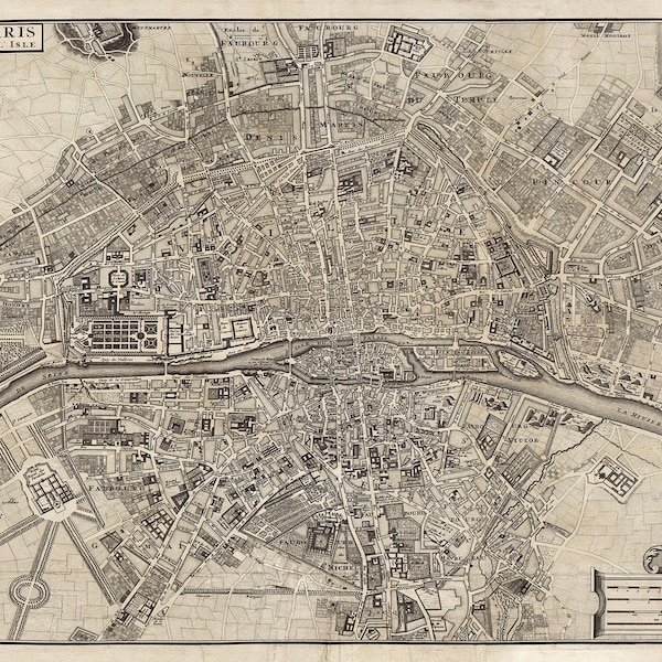 Paris map 1687, Vintage map of Paris, France in high resolution prints up to 36x24" (91x61cm) large Paris poster, Paris map print, wall map