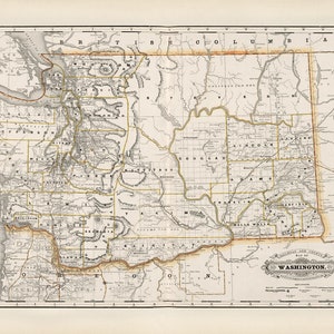 Carte de l'État de Washington 1891, Ancienne carte de l'État de Washington en impressions haute résolution jusqu'à 36 x 24" (91 x 61 cm) affiche de carte vintage de Washington