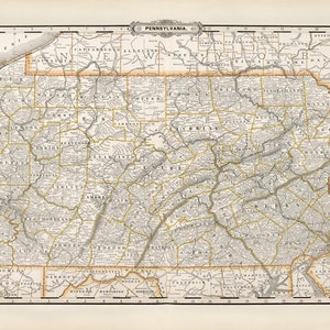Carte de l'État de Pennsylvanie 1891, carte vintage de l'État de Pennsylvanie en impressions haute résolution jusqu'à 36 x 24" (91 x 61 cm) affiche imprimée de la carte de l'État de Pennsylvanie