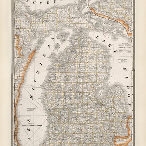 Carte de l'état du Michigan en 1891, ancienne carte du Michigan en impression haute résolution jusqu'à 61 x 91 cm (24 x 36 po.) affiche de carte vintage du Michigan XL, impression de carte du MI