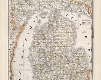 Carte de l'état du Michigan en 1891, ancienne carte du Michigan en impression haute résolution jusqu'à 61 x 91 cm (24 x 36 po.) affiche de carte vintage du Michigan XL, impression de carte du MI