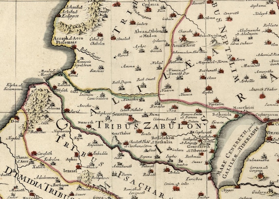 Holy Land Map 1696, Old Biblical Map of Holy Land, Israel in