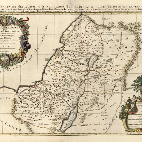 Heiliges Land Karte 1696, alte biblische Landkarte des Heiligen Landes, Israel in hochauflösenden Drucken bis zu 91x61cm (36x24") Israel Poster, biblischer Kartendruck