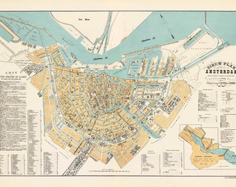 Amsterdam map 1884, Old map of Amsterdam, Holland, Netherlands in high resolution prints up to 36x24" (91x61cm) Amsterdam poster, map print