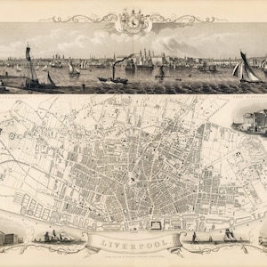 Liverpool map 1851, Vintage map of Liverpool, England in high resolution prints up to 36 x 24&quot; (91 x 61cm) Liverpool map poster FC Liverpool