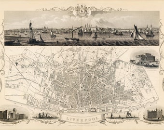 Liverpool map 1851, Vintage map of Liverpool, England in high resolution prints up to 36 x 24" (91 x 61cm) Liverpool map poster FC Liverpool