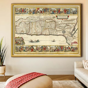 Heiliges Land Landkarte in 7 Größen bis zu 53x40″ (135x100cm) Große alte Landkarte des Heiligen Landes, Israel, um 1630 in hochauflösenden Drucken mit biblischen Szenen