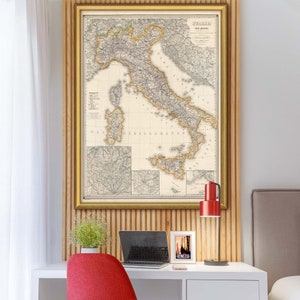 Ancienne carte de l'Italie en 6 tailles jusqu'à 40 x 53 pouces (100 x 135 cm) Affiche vintage de carte de l'Italie de 1887 en grandes impressions HR sur papier mat de qualité galerie