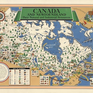 Kaart van Canada 1942, oude kaart van Canada in hoge resolutie prints tot 36x24" (91x61cm) picturale kaart van Canada, vintage Canadese kaartposter