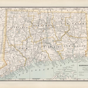 Connecticut state map 1891, Old map of Connecticut in high resolution prints up to 36 x 24&quot; (91 x 61cm) vintage Connecticut map print poster