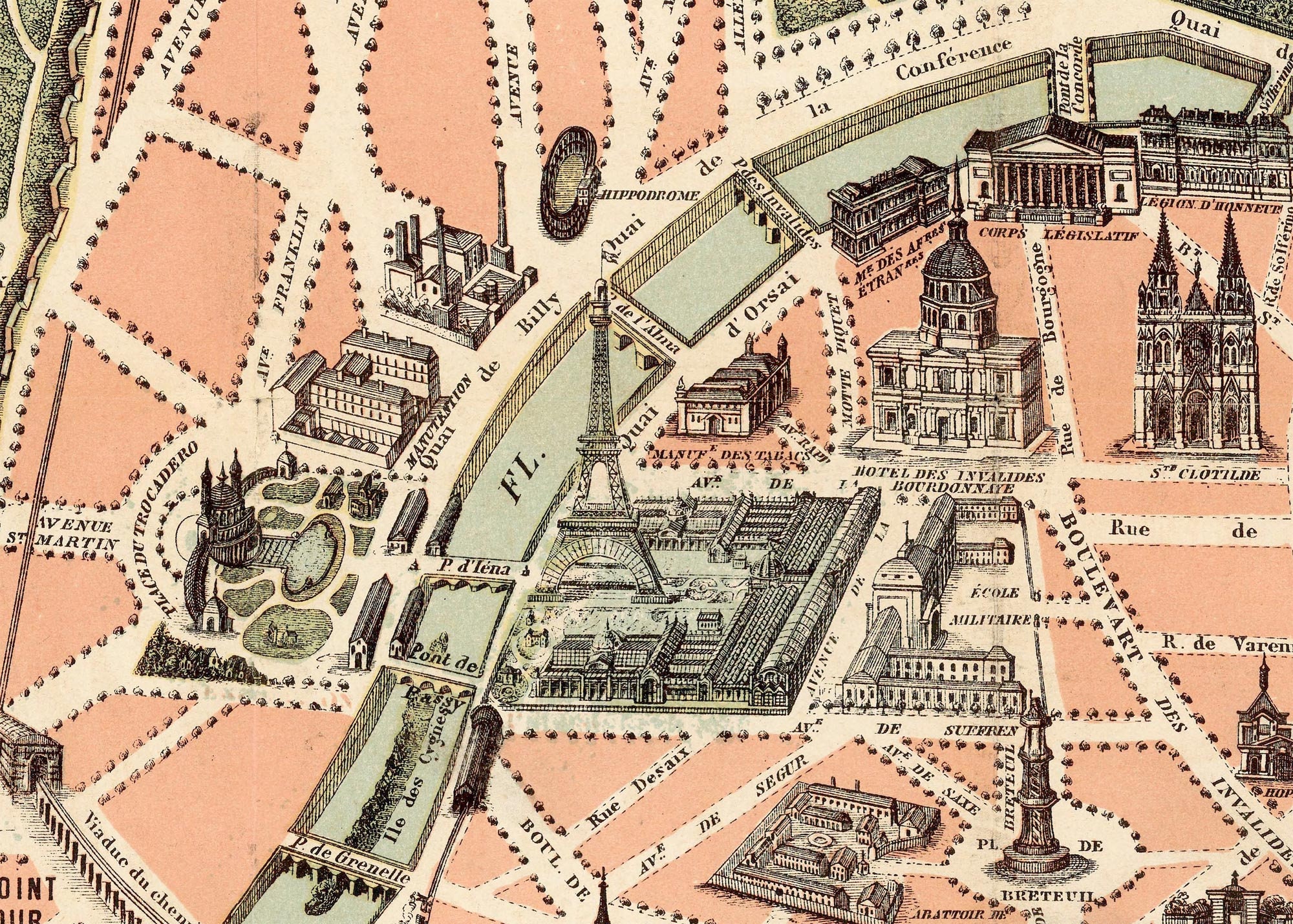 1889年のエッフェル塔付きパリ地図、フランスのパリの古い絵地図、最大