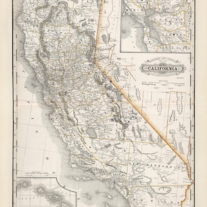 Carte de l'État de Californie en 1891, ancienne carte de la Californie en haute résolution jusqu'à 61 x 91 cm (24 x 36 po.) Grande affiche vintage de la carte de l'État de Californie
