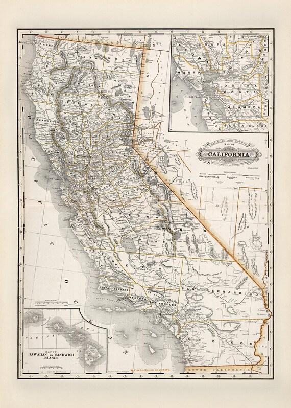 1891年のカリフォルニア州地図、高解像度プリント最大24x36インチ（61