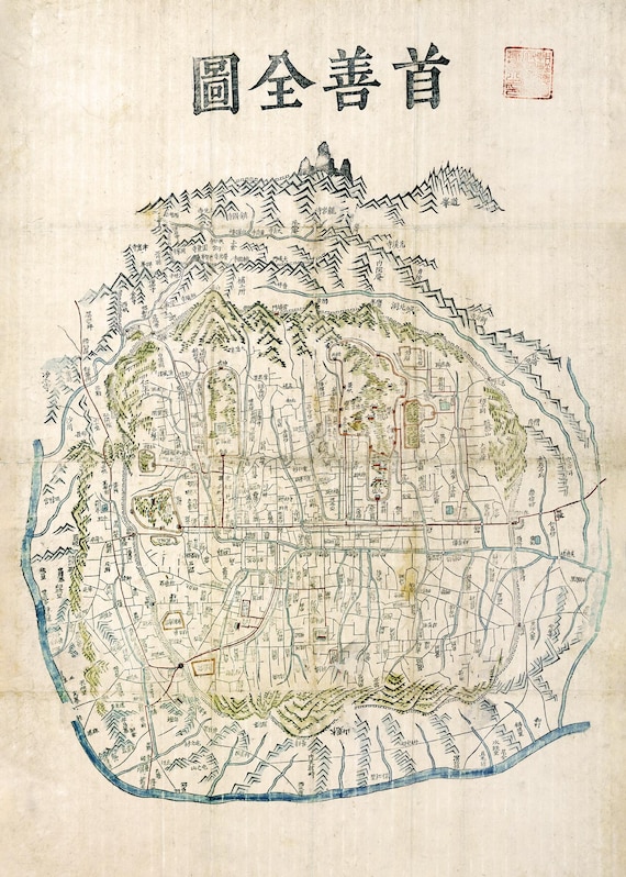 希少価値　満韓全圖（古地図）　明治40年毎日電報社発行 1840年のソウル地図、韓国ソウルの古い地図、高解像度プリント最大