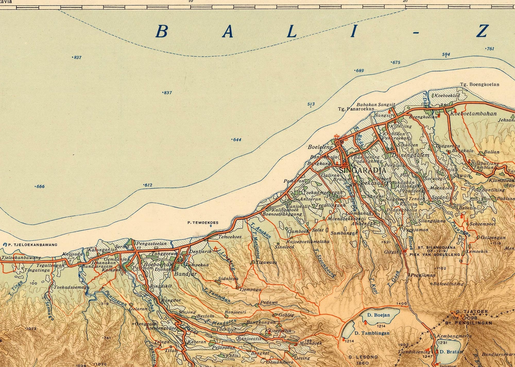 バリ島地図 1912年、インドネシア、バリ島のヴィンテージ地図（最大