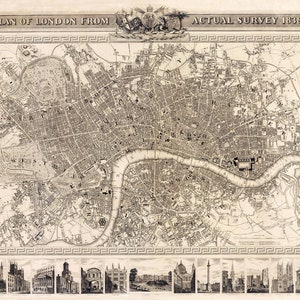 Mapa Londynu 1838, zabytkowa mapa Londynu, Wielka Brytania w wydrukach o wysokiej rozdzielczości do 36x24" (91 x 61 cm) duży plakat Londynu, wydruk mapy Londynu, mapa ścienna