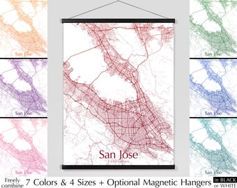 San Jose map print poster, Map of San Jose, CA minimalist art, 7 colors 4 sizes, Silicon Valley Santa Clara County, LIGHT Version, Gift for