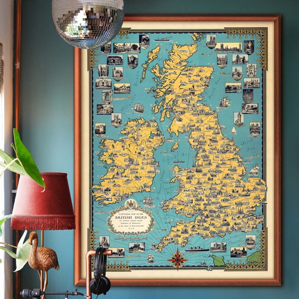 Map of British Isles, 7 sizes up to 40x53″ (100x135 cm) Vintage pictorial map of Great Britain & Ireland with illustrations, wall map of UK