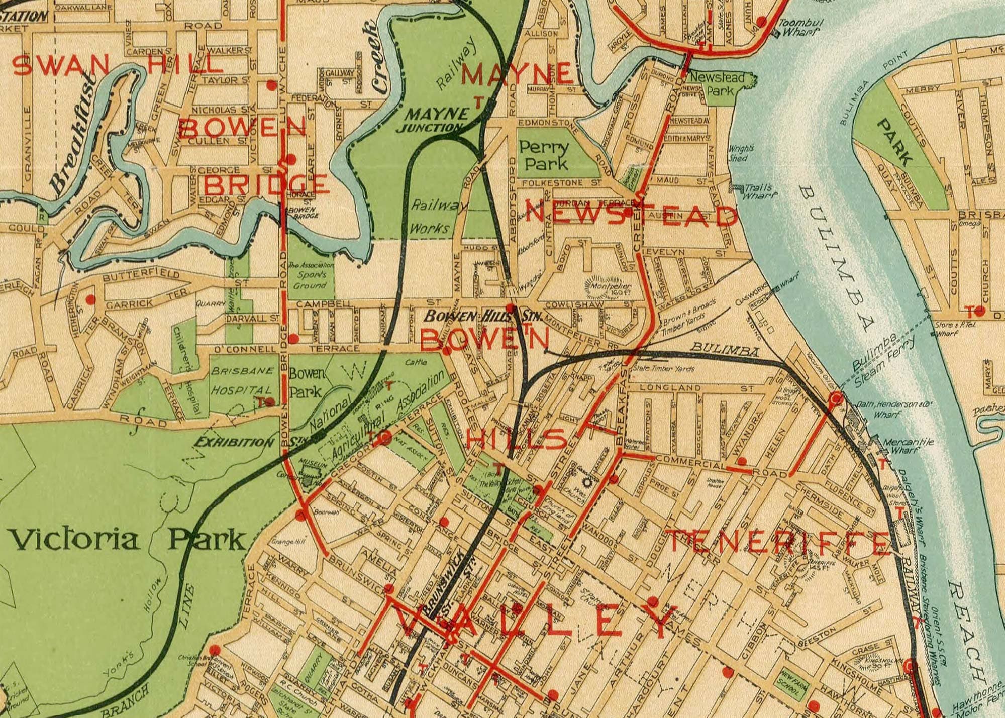 1920年のブリスベン地図、オーストラリア、ブリスベンのビンテージ地図