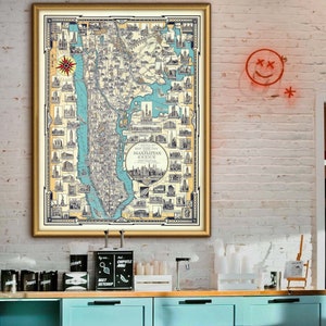 Kaart van Manhattan NYC in 7 maten tot 40x53″ (100x135cm) Oude picturale poster van Jazz Age New York City uit de jaren dertig in afdrukken met hoge resolutie