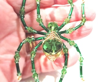 Green Goddess Spider is looking for a home - Halloween, Goth, Pagan - beads and wire