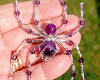Silver Spider, Spider Necklace, Spider Pendant, Amethyst  Amethyst Spider,Aurora Borealis,Purple Opal+White AB Crystal Halloween Necklace main image 0