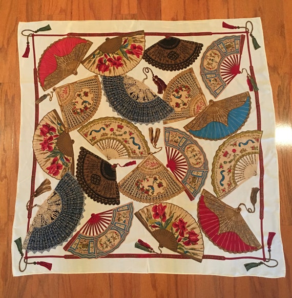 Spectacular Vintage Chinese Fans Silk Scarf