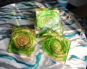 Gold, Copper, and Spring Green, Resin Coasters Set, Coasters With Holder, Gilded Coasters, Wedding Gift, Housewarming Gifts