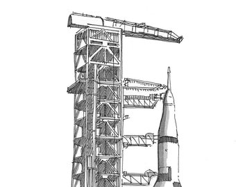 SATURN V ROCKET - Apollo, Space Travel, Astronauts, Man on the Moon, Apollo 11, NASA, Drawing, Pen and Ink, Sketchbook, Drawn There