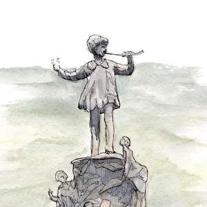 PETER PAN STATUE - Kensington Gardens, London, Bronze Sculpture, Neverland, Pen and Ink, Watercolor, Drawing, Painting, Art, Drawn There