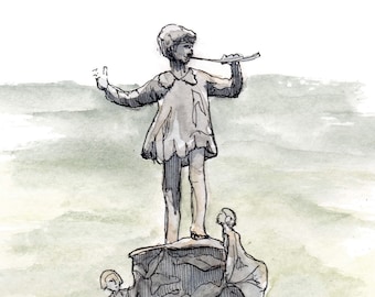 PETER PAN STATUE - Kensington Gardens, London, Bronze Sculpture, Neverland, Pen and Ink, Watercolor, Drawing, Painting, Art, Drawn There