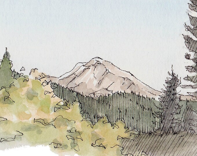 MOUNT SHASTA - Ink and Watercolor, Art Prints, Drawing, Nature, Landscape, Mountains, California, Pen and Ink, Painting, Hiking, John Muir