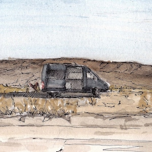 DESERT VAN - Joshua Tree, VanThere, BLM, Camper Van, Sprinter, Vanlife, Drawing, Pen and Ink, Watercolor, Painting, Art, Sketch, Drawn There